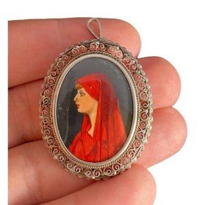 Vintage 800 Silver Saint Fabiola Brooch Pin Pendant Hand painted Glass Fine